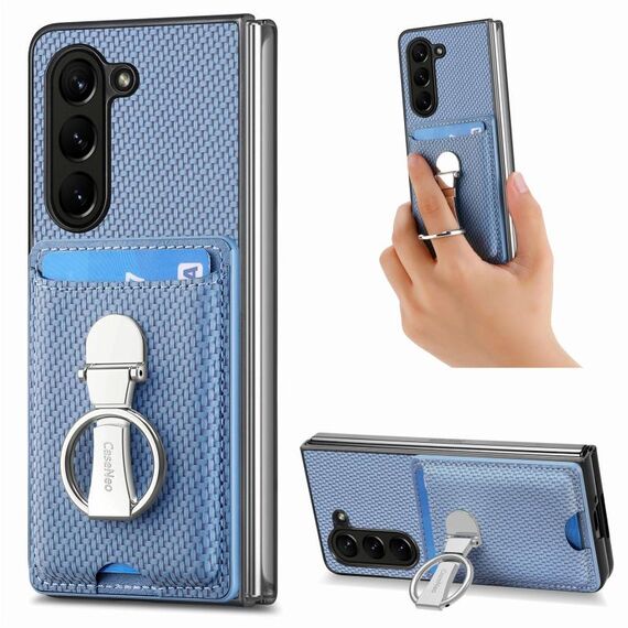 Per Samsung Galaxy Z Fold6 5G Custodia per telefono con supporto ad anello pieghevole per carte in fibra di carbonio (blu)