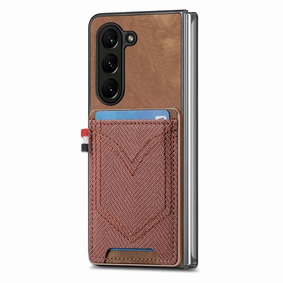 Per Samsung Galaxy Z Fold6 5G Custodia per cellulare in pelle con texture denim con slot per schede (marrone)