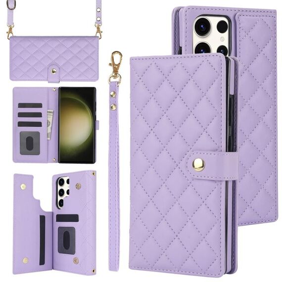 Custodia per telefono in pelle rombica multifunzione a tracolla per Samsung Galaxy S22 Ultra 5G (viola)