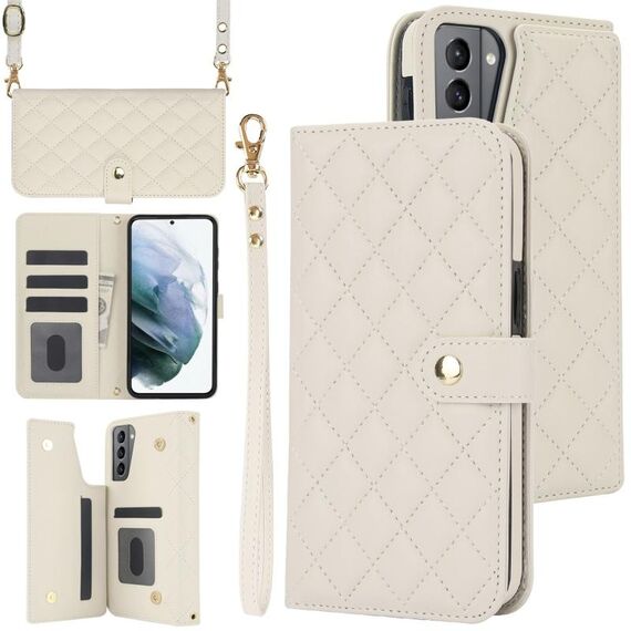 Custodia per telefono in pelle rombica multifunzione a tracolla per Samsung Galaxy S22 5G (bianca)