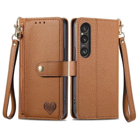 Per Sony Xperia 1 VI Love Custodia in pelle con cordino e cerniera (marrone)