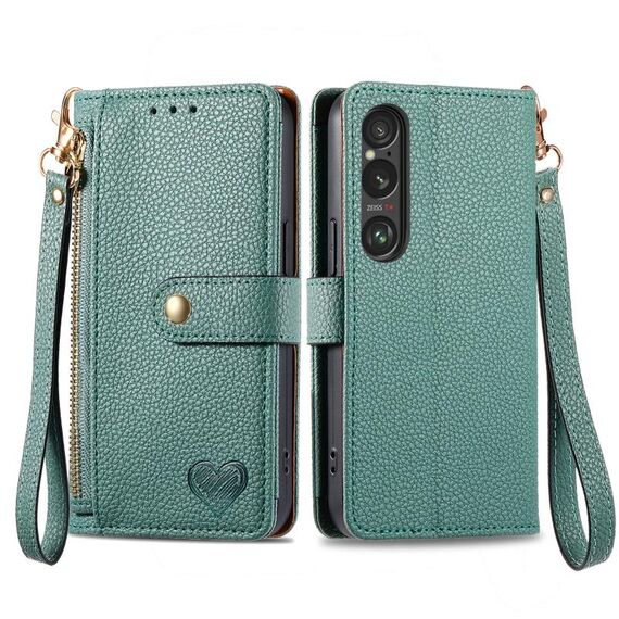 Per Sony Xperia 1 VI Love Custodia in pelle con cordino e cerniera (verde)