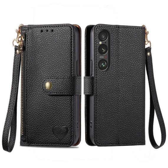 Per Sony Xperia 10 VI Love Custodia in pelle con cordino e cerniera (nera)