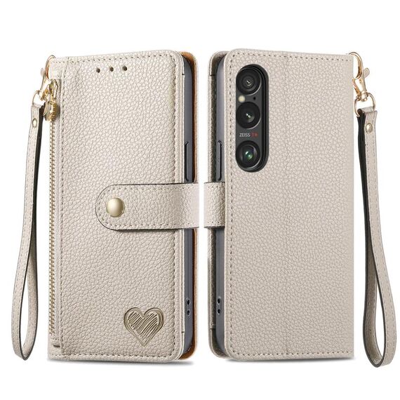 Per Sony Xperia 10 VI Love Custodia in pelle con cordino e cerniera (grigio)
