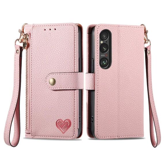 Per Sony Xperia 10 VI Love Custodia in pelle con cordino e cerniera (rosa)