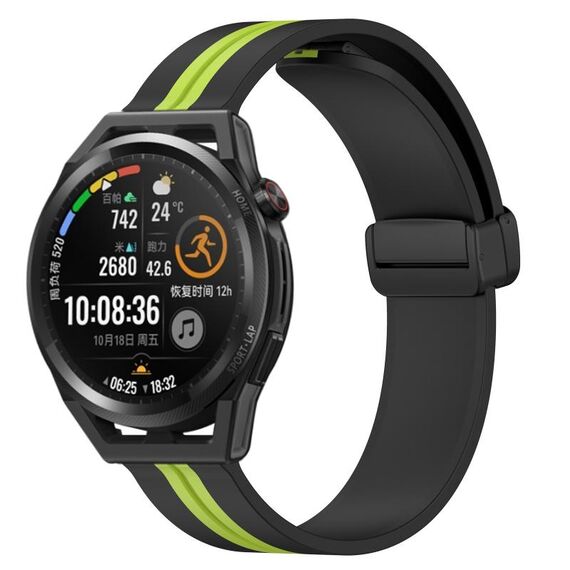 Per Huawei Watch GT Runner 22mm Cinturino pieghevole in silicone con chiusura magnetica (nero + verde lime)