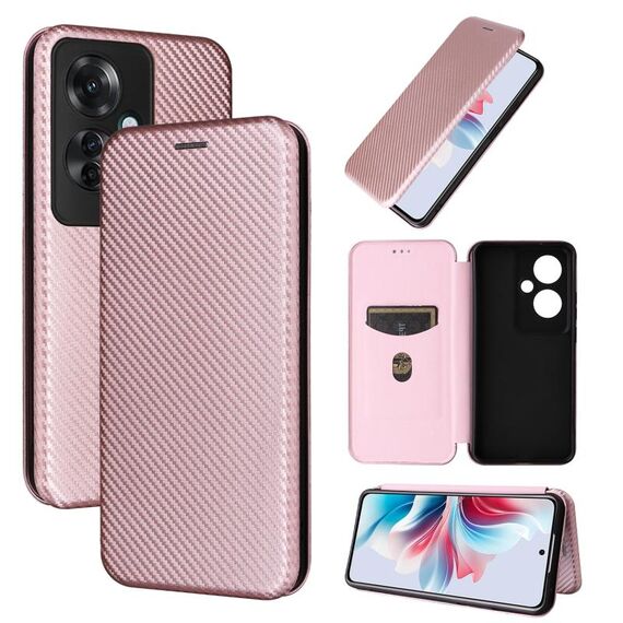 Per OPPO Reno11 F 5G Custodia per cellulare in pelle con texture in fibra di carbonio (rosa)