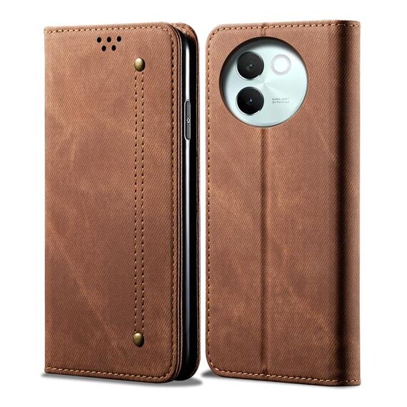 Custodia per cellulare in pelle flip con texture denim globale per vivo V30E 5G (marrone)