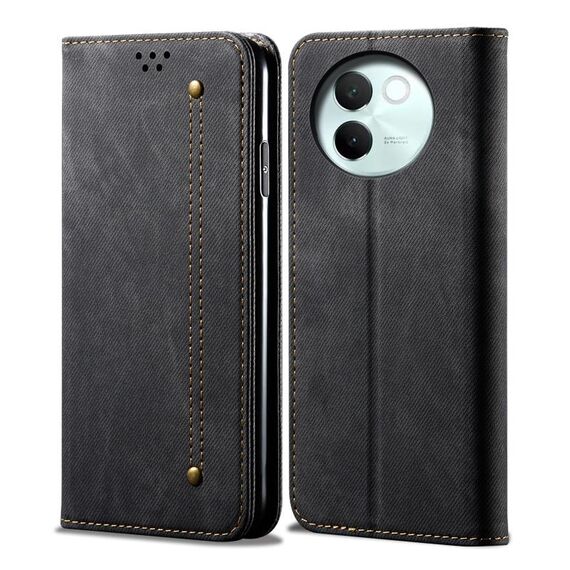 Custodia per telefono in pelle flip con texture denim globale per vivo V30E 5G (nera)