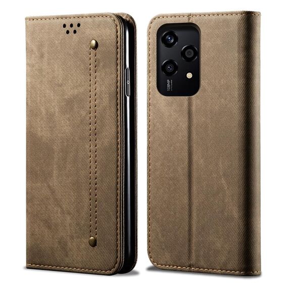 Custodia per cellulare in pelle flip con texture denim globale per Honor 200 Lite 5G (cachi)