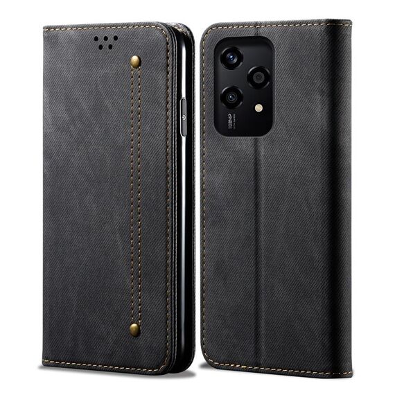 Custodia per telefono in pelle flip con texture denim globale per Honor 200 Lite 5G (nera)