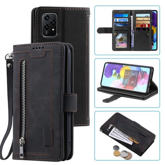 Per Honor 200 Lite Custodia per telefono in pelle con cerniera per nove carte con cordino (nero)