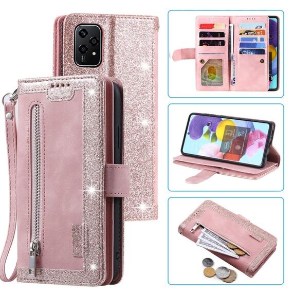 Per Honor 200 Lite Custodia per telefono in pelle con cerniera per nove carte con cordino (rosa)