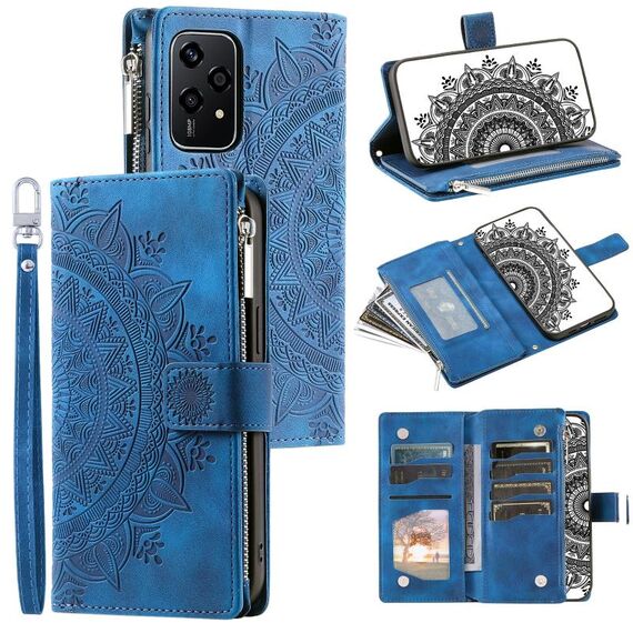 Custodia per telefono in pelle con cerniera totem multi-scheda per Honor 200 Lite (blu)