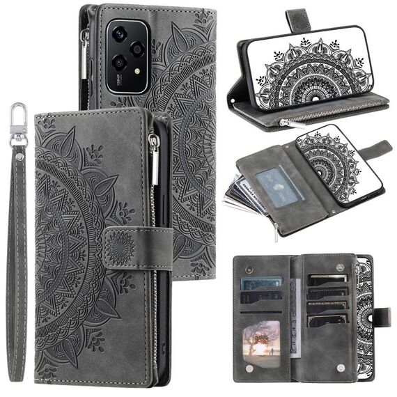 Custodia per telefono in pelle con cerniera totem multi-scheda per Honor 200 Lite (grigio)