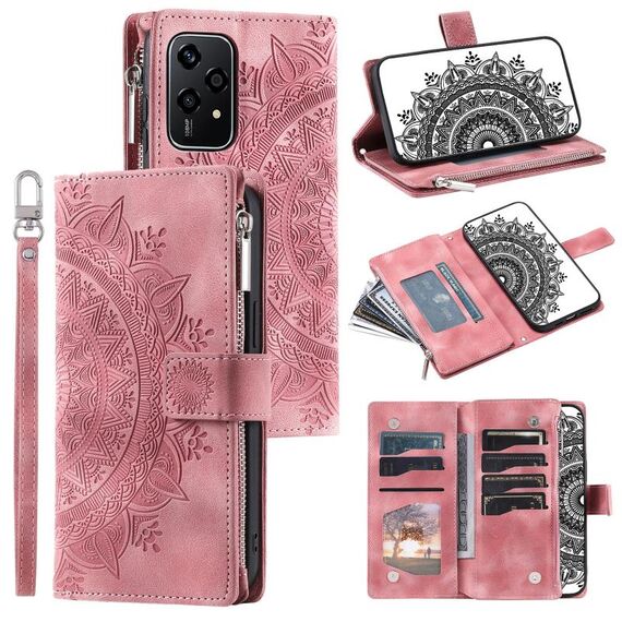 Custodia per telefono in pelle con cerniera totem multi-scheda per Honor 200 Lite (rosa)