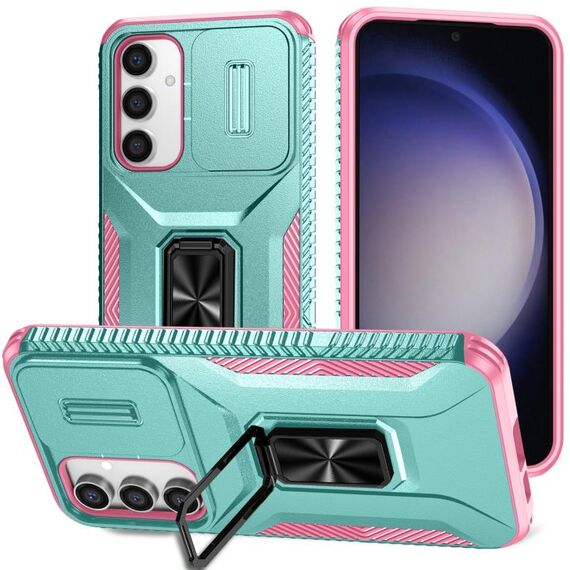 Per Samsung Galaxy S23 FE 5G Custodia per telefono con supporto scorrevole Camshield (rosa + grigio verde)