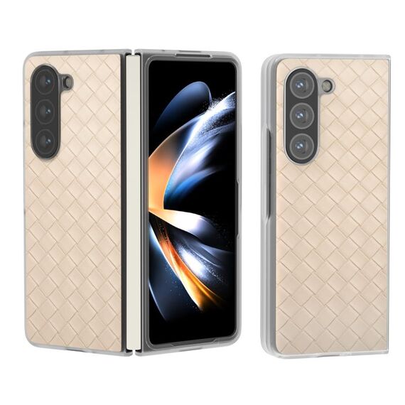 Per Samsung Galaxy Z Fold6 5G Custodia per telefono in PU con struttura in tessuto satinato traslucido (Beige)