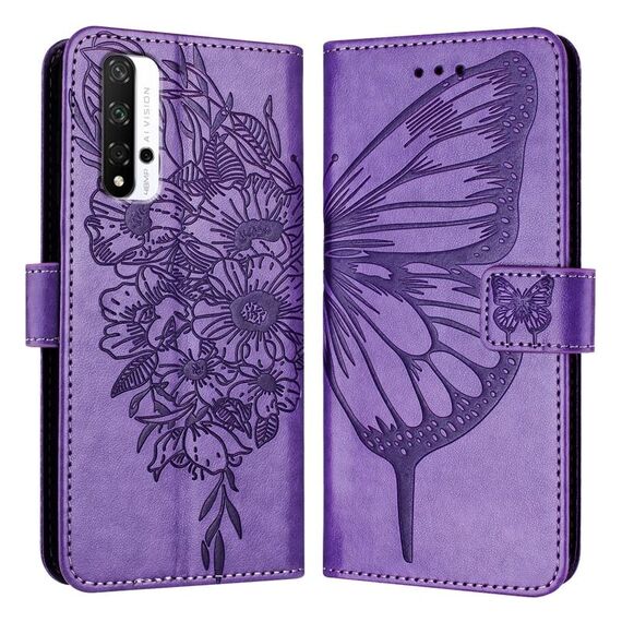 Custodia per telefono in pelle con farfalla goffrata per Honor 20/20 Pro / 20S (viola)