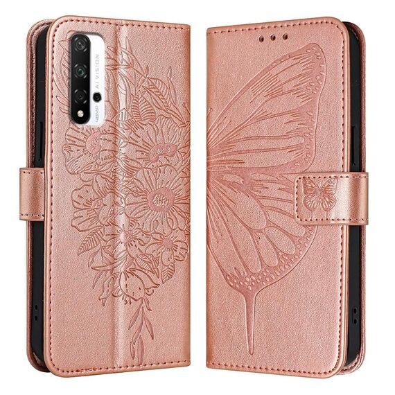 Custodia per telefono in pelle con farfalla goffrata per Honor 20/20 Pro / 20S (oro rosa)