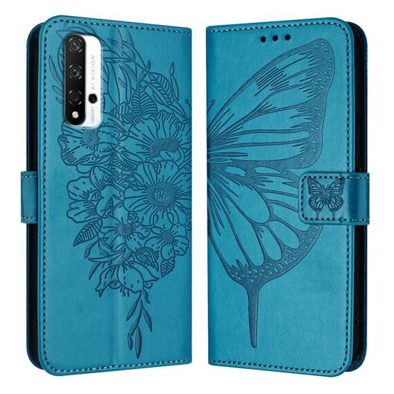 Custodia per telefono in pelle con farfalla goffrata per Honor 20/20 Pro / 20S (blu)