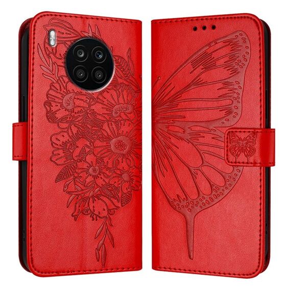 Custodia per telefono in pelle con farfalla goffrata per Honor 50 Lite / Huawei Nova 8i (rossa)