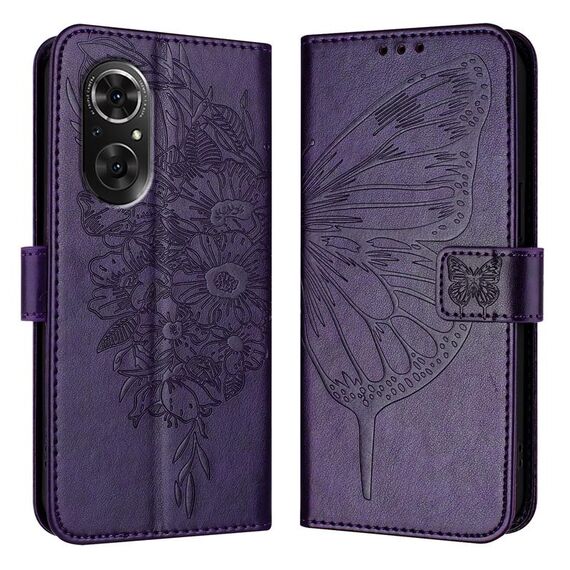 Custodia per telefono in pelle con farfalla goffrata per Honor 50 SE / Huawei Nova 9 SE (viola scuro)