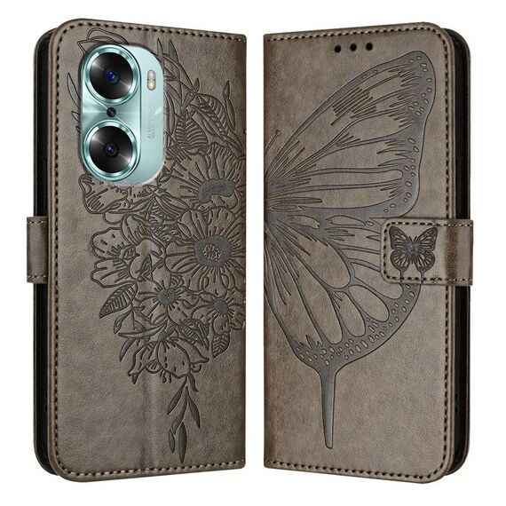 Custodia per telefono in pelle farfalla goffrata per Honor 60 (grigio)