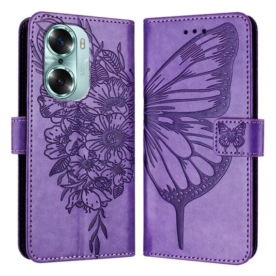 Custodia per telefono in pelle farfalla goffrata per Honor 60 (viola)