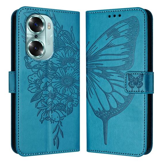 Custodia per telefono in pelle con farfalla goffrata per Honor 60 (blu)