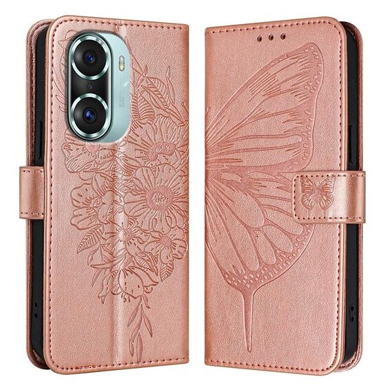 Custodia per telefono in pelle farfalla goffrata per Honor 60 Pro (oro rosa)