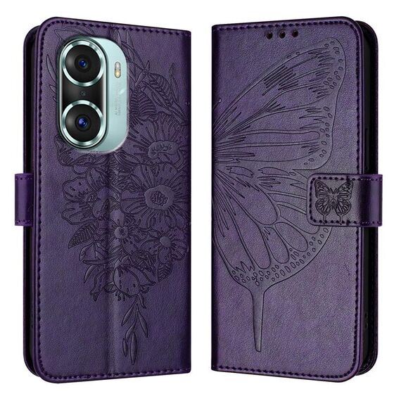 Custodia per telefono in pelle farfalla goffrata per Honor 60 Pro (viola scuro)