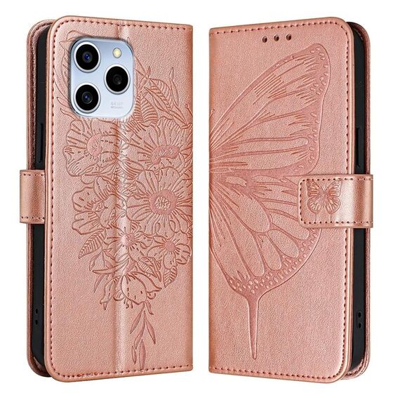 Custodia per telefono in pelle farfalla goffrata per Honor 60 SE (oro rosa)