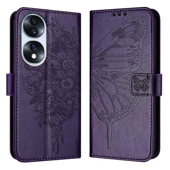 Custodia per telefono in pelle con farfalla goffrata per Honor 70 (viola scuro)