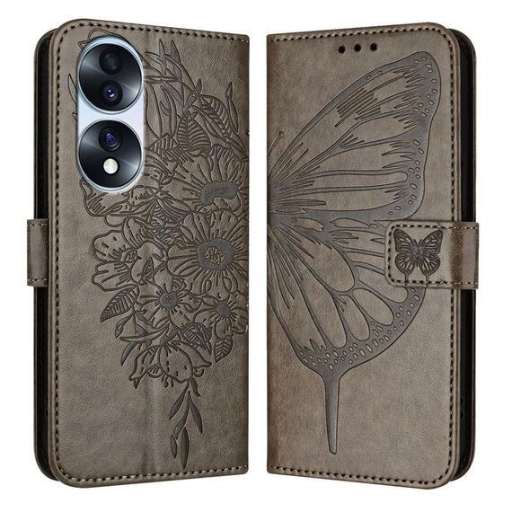 Custodia per telefono in pelle farfalla goffrata per Honor 70 Pro (grigio)