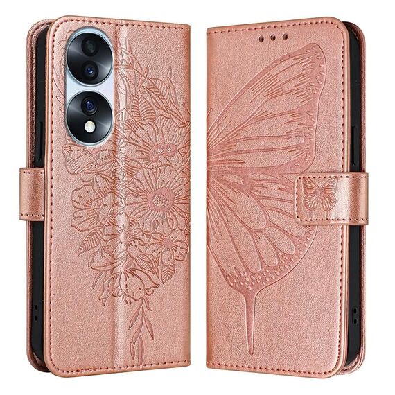 Custodia per telefono in pelle farfalla goffrata per Honor 70 Pro (oro rosa)