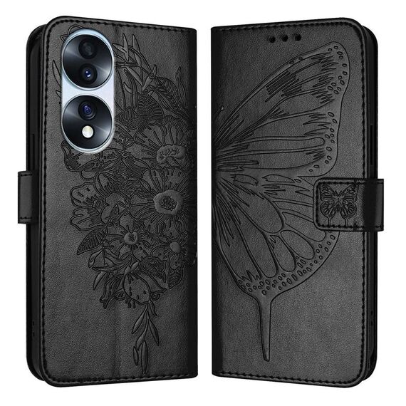 Custodia per telefono in pelle farfalla goffrata per Honor 70 Pro (nera)