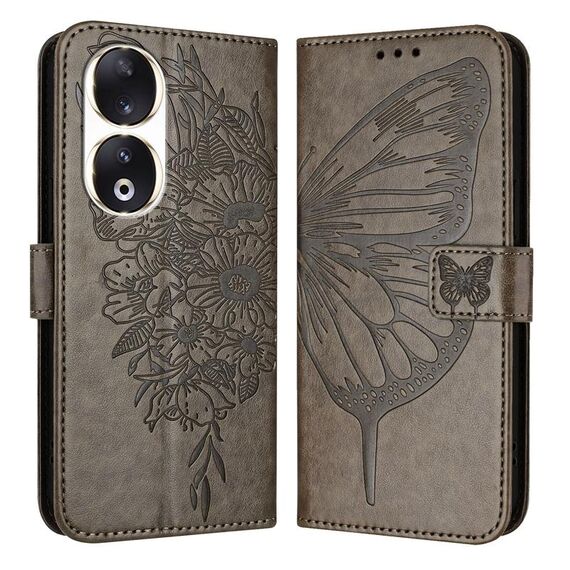 Custodia per telefono in pelle farfalla goffrata per Honor 90 (grigio)
