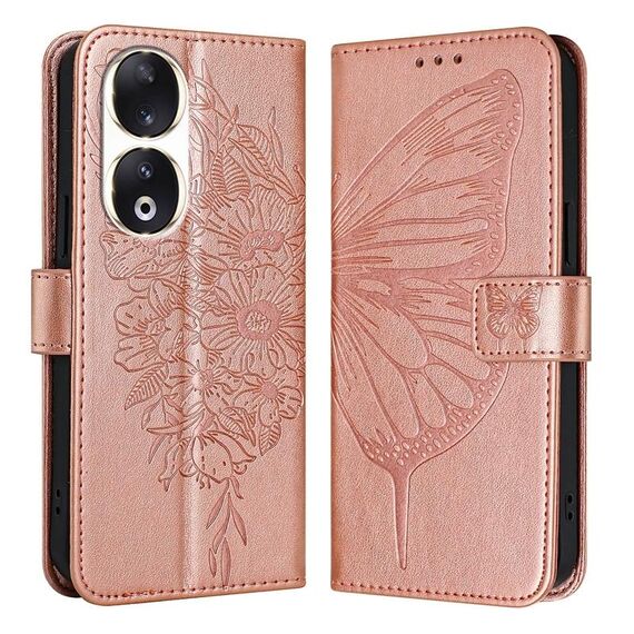 Custodia per telefono in pelle farfalla goffrata per Honor 90 (oro rosa)