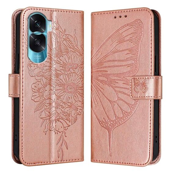 Custodia per telefono in pelle con farfalla goffrata per Honor 90 Lite / X50i (oro rosa)