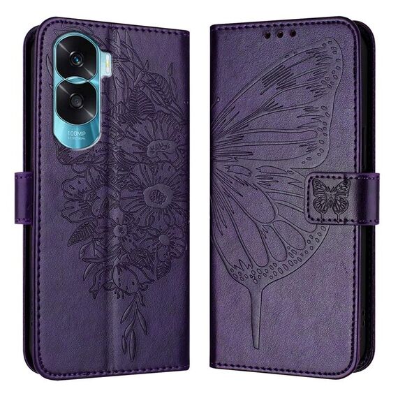 Custodia per telefono in pelle con farfalla goffrata per Honor 90 Lite / X50i (viola scuro)
