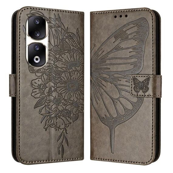 Custodia per telefono in pelle farfalla goffrata per Honor 90 Pro (grigio)