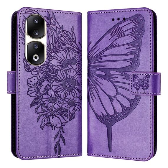 Custodia per telefono in pelle farfalla goffrata per Honor 90 Pro (viola)