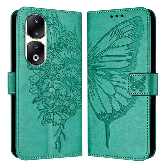 Custodia per telefono in pelle farfalla goffrata per Honor 90 Pro (verde)