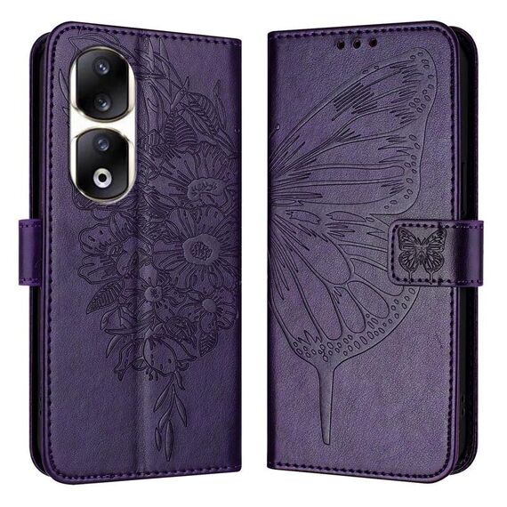 Custodia per telefono in pelle farfalla goffrata per Honor 90 Pro (viola scuro)