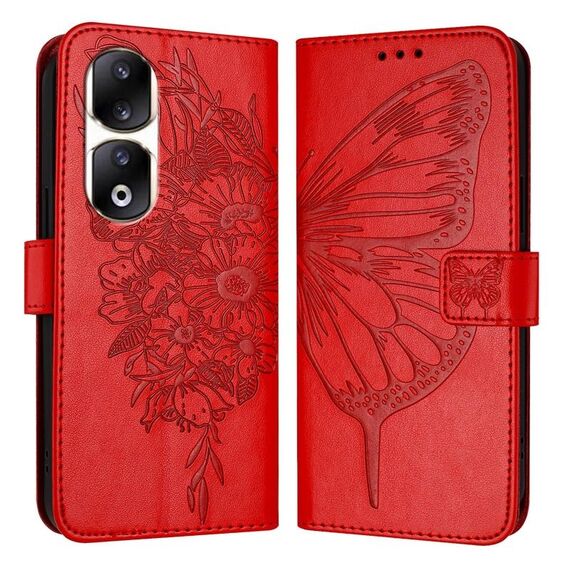 Custodia per telefono in pelle con farfalla goffrata per Honor 90 Pro (rossa)