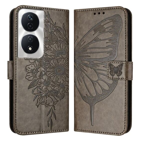 Custodia per telefono in pelle farfalla goffrata per Honor 90 Smart/X7b 4G/X7b 5G (grigio)