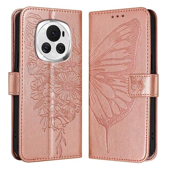 Custodia per telefono in pelle farfalla goffrata globale per Honor Magic6 5G (oro rosa)