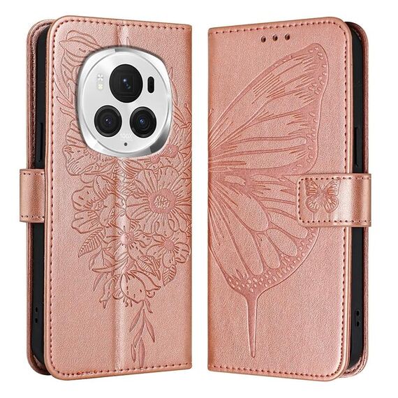Custodia per telefono in pelle farfalla goffrata globale per Honor Magic6 Pro 5G (oro rosa)