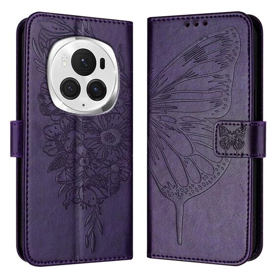 Custodia per telefono in pelle farfalla goffrata globale per Honor Magic6 Pro 5G (viola scuro)
